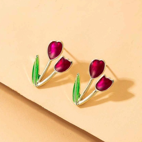 Any 2/$20! Gold & Red Double Tulip Stud Earrings - Picture 5 of 8